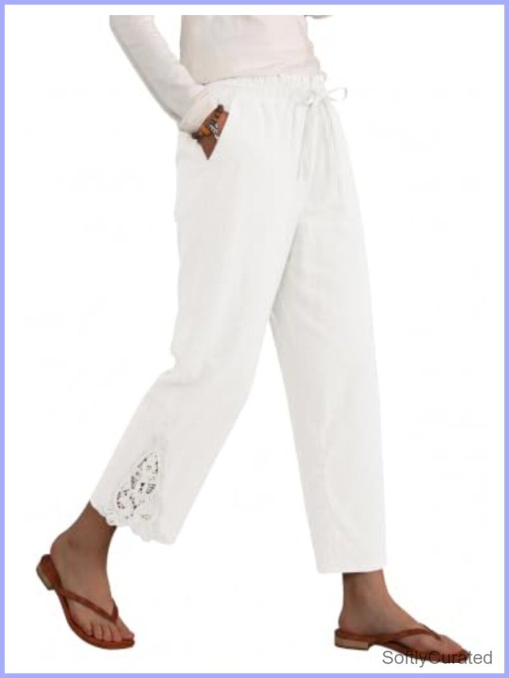 Rapbin Cotton Linen Capri Pants Lace Hem Smocked Drawstring Wide Leg